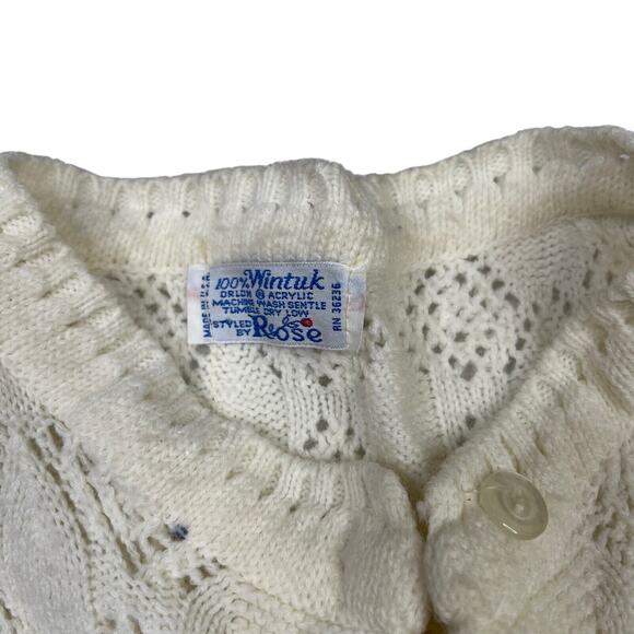 Vintage 60s Pointelle Knit Scallop Button Up Sweater Cardigan FLAW White Small - Picture 6 of 6